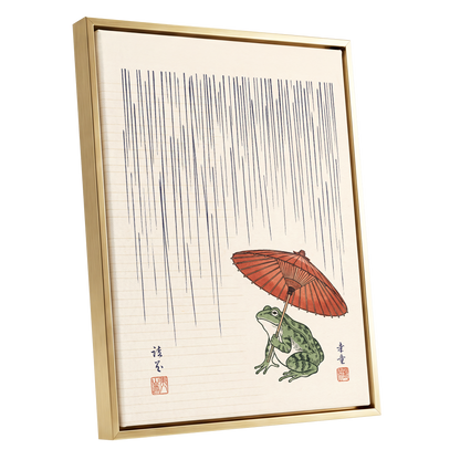Rainkeeper Frog, beige, blue, green nature wall art shown as a gold framed canvas wall art