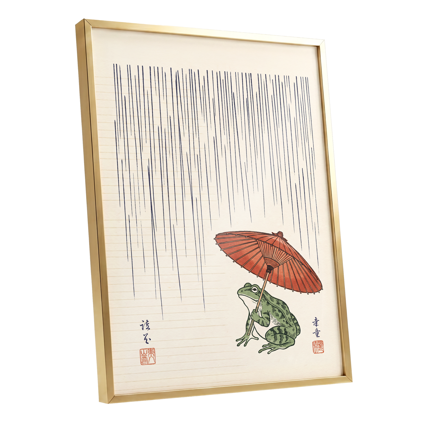 Rainkeeper Frog, beige, blue, green nature wall art shown as a gold framed poster wall art print