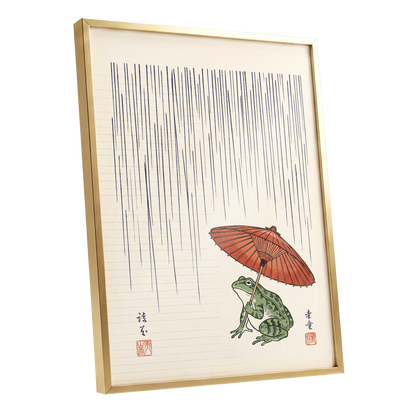 Rainkeeper Frog, beige, blue, green nature wall art shown as a gold framed poster wall art print