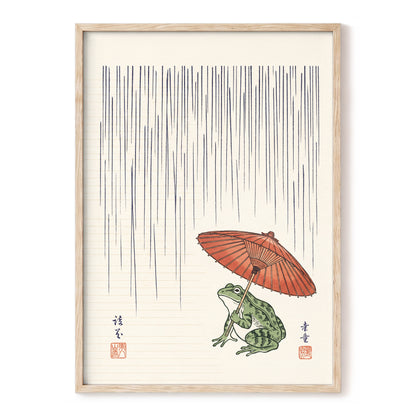 Rainkeeper Frog, beige, blue, green nature wall art, front artwork view