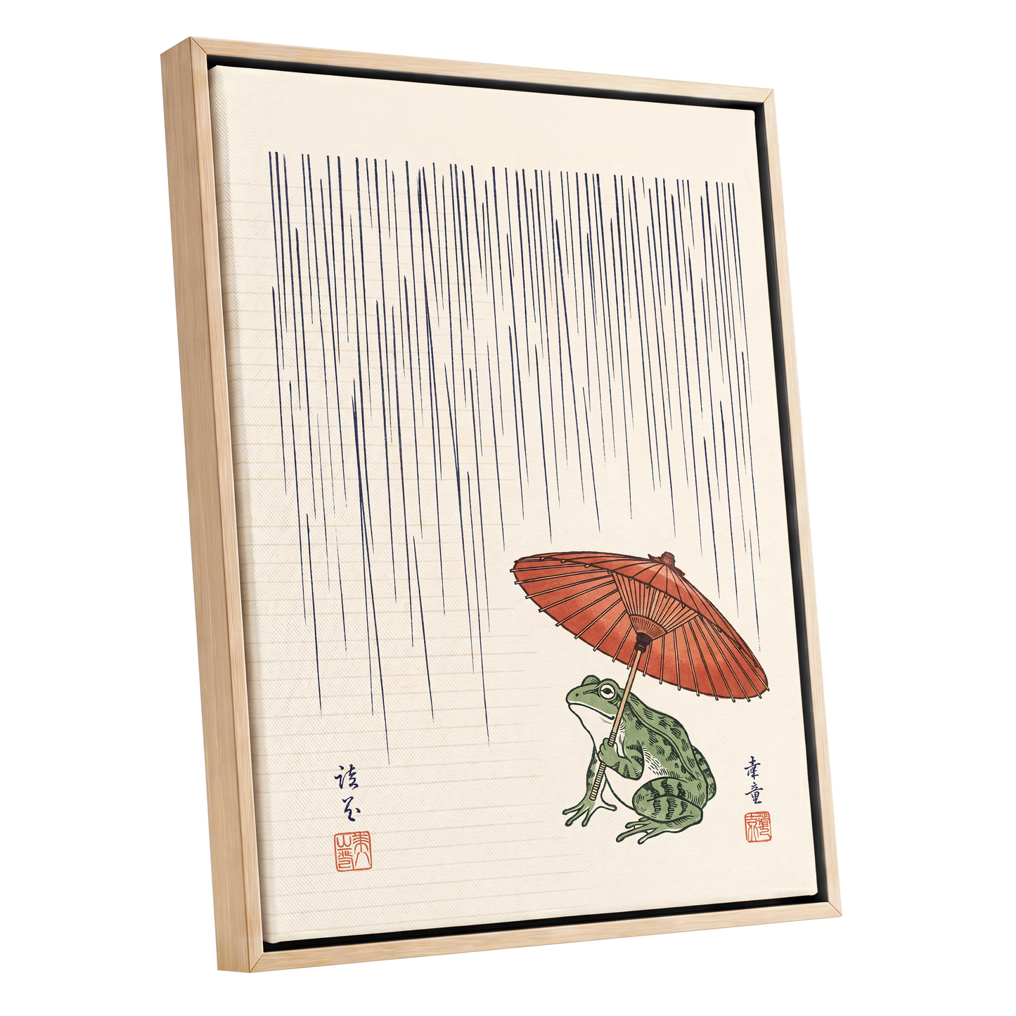 Rainkeeper Frog, beige, blue, green nature wall art shown as a oak framed canvas wall art