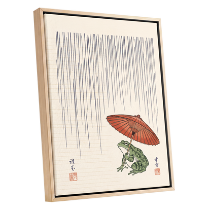 Rainkeeper Frog, beige, blue, green nature wall art shown as a oak framed canvas wall art
