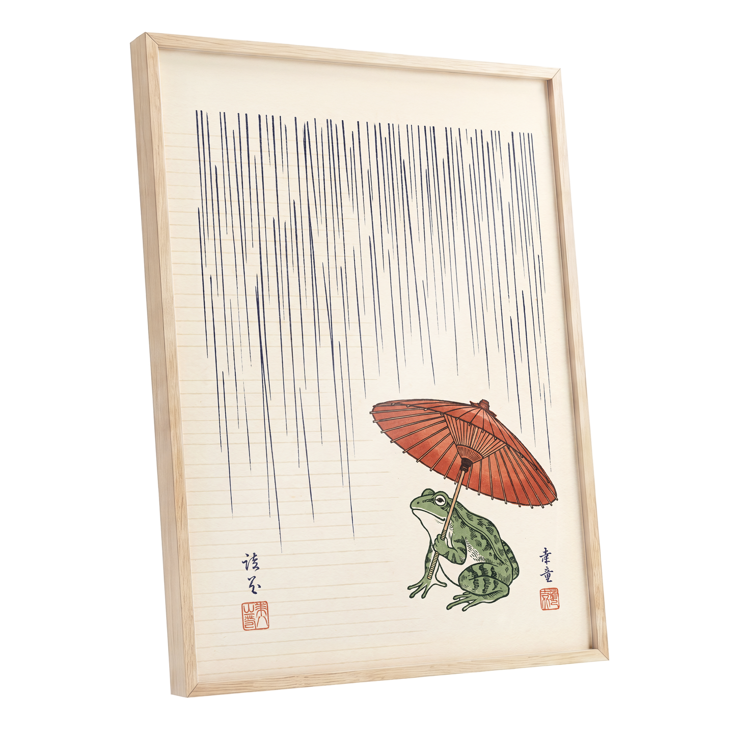 Rainkeeper Frog, beige, blue, green nature wall art shown as a oak framed poster wall art print