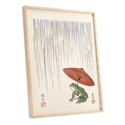 Rainkeeper Frog, beige, blue, green nature wall art shown as a oak framed poster wall art print