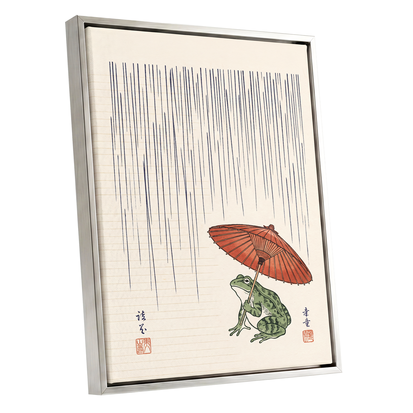 Rainkeeper Frog, beige, blue, green nature wall art shown as a silver framed canvas wall art