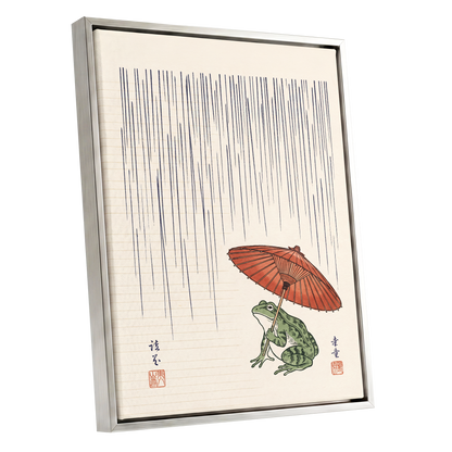 Rainkeeper Frog, beige, blue, green nature wall art shown as a silver framed canvas wall art
