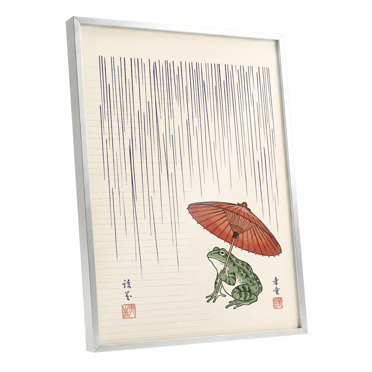 Rainkeeper Frog, beige, blue, green nature wall art shown as a silver framed poster wall art print