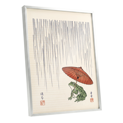 Rainkeeper Frog, beige, blue, green nature wall art shown as a silver framed poster wall art print