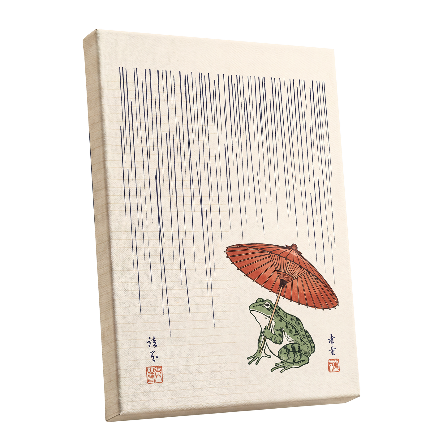 Rainkeeper Frog, beige, blue, green nature wall art shown as a stretched canvas wall art