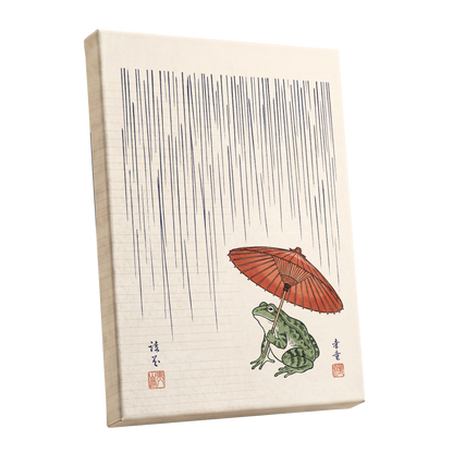 Rainkeeper Frog, beige, blue, green nature wall art shown as a stretched canvas wall art