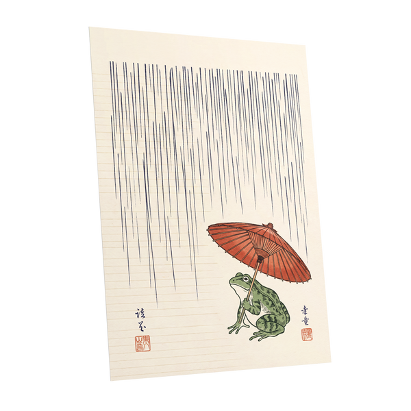 Rainkeeper Frog, beige, blue, green nature wall art shown as a unframed poster wall art print