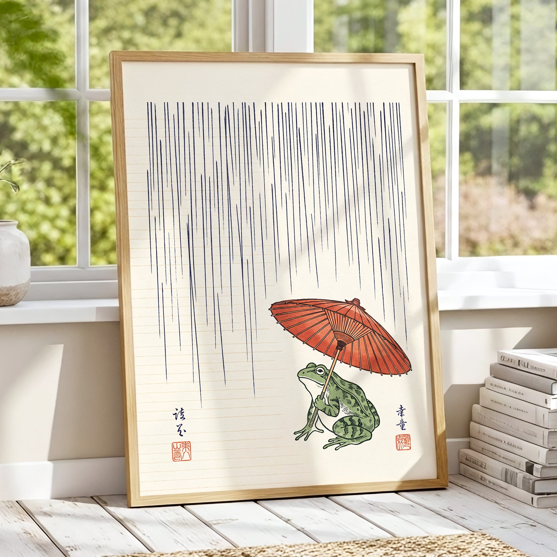 Rainkeeper Frog, beige, blue, green nature wall art displayed in a styled interior, gallery view 2