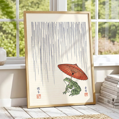 Rainkeeper Frog, beige, blue, green nature wall art displayed in a styled interior, gallery view 2