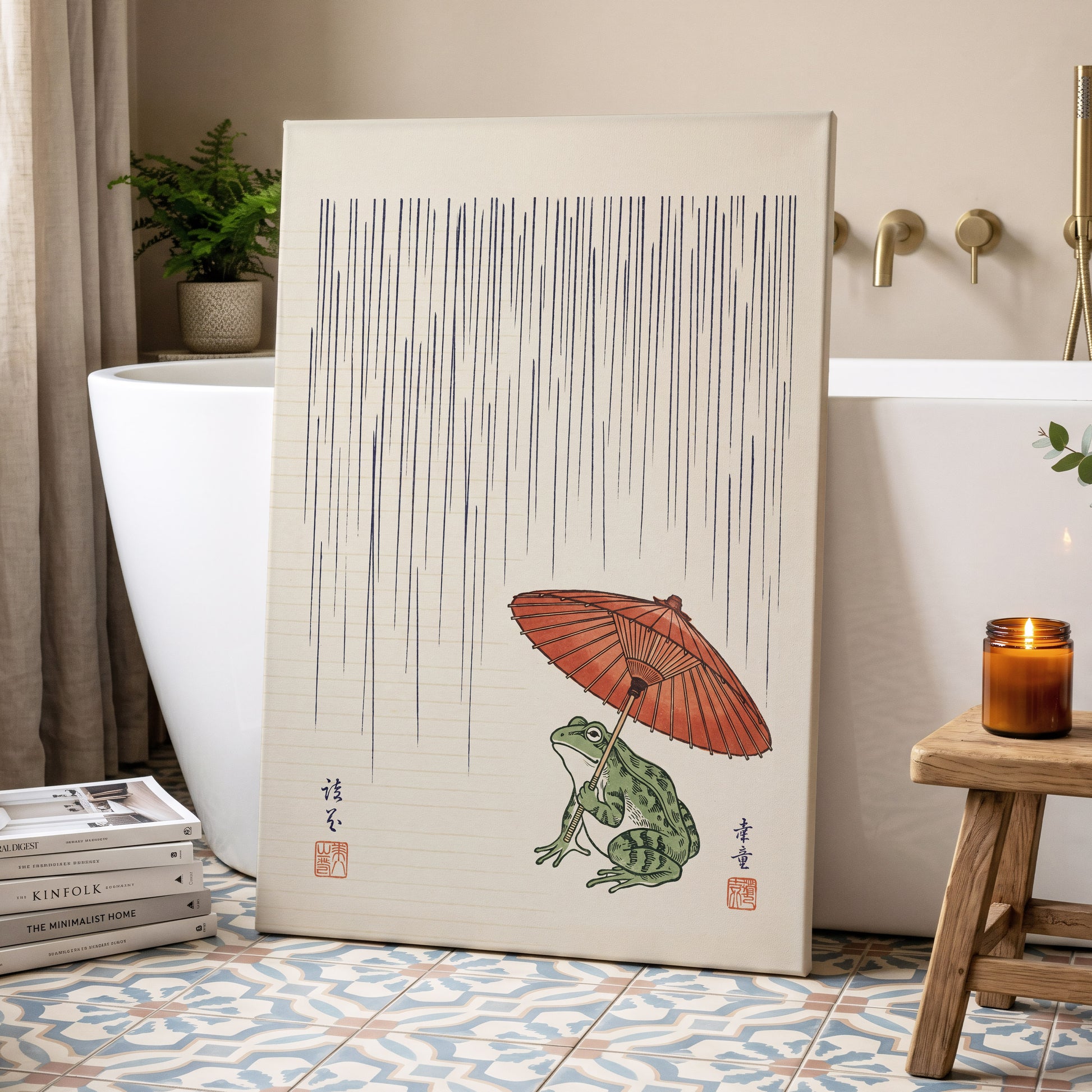 Rainkeeper Frog, beige, blue, green nature wall art displayed in a styled interior, gallery view 3
