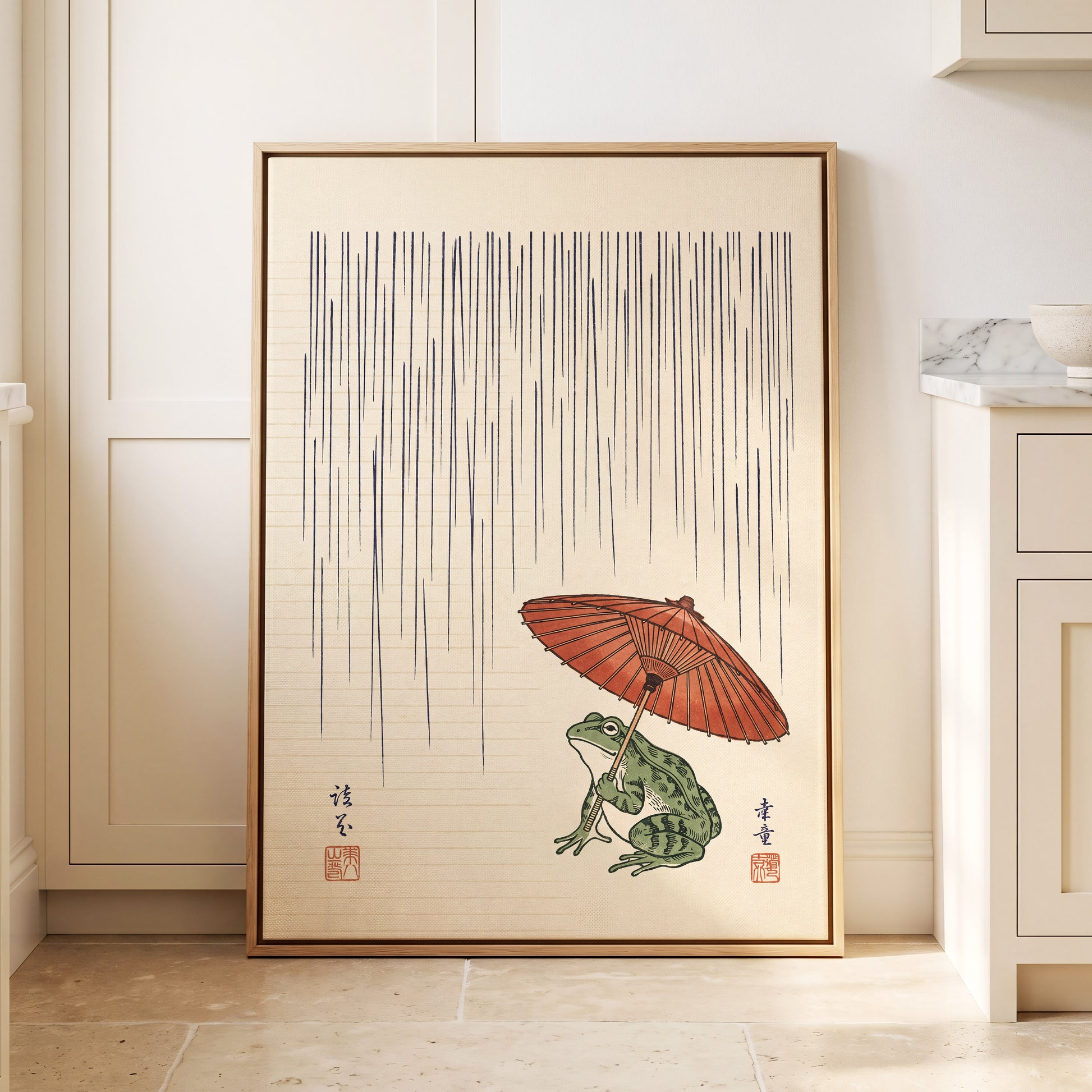 Rainkeeper Frog, beige, blue, green nature wall art displayed in a styled interior, gallery view 4