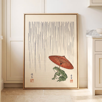 Rainkeeper Frog, beige, blue, green nature wall art displayed in a styled interior, gallery view 4