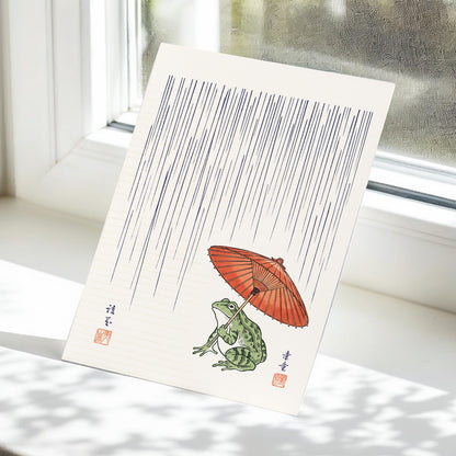 Rainkeeper Frog, beige, blue, green nature wall art displayed in a styled interior, gallery view 5