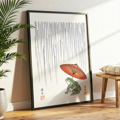 Rainkeeper Frog, beige, blue, green nature wall art displayed in a styled interior, gallery view 6