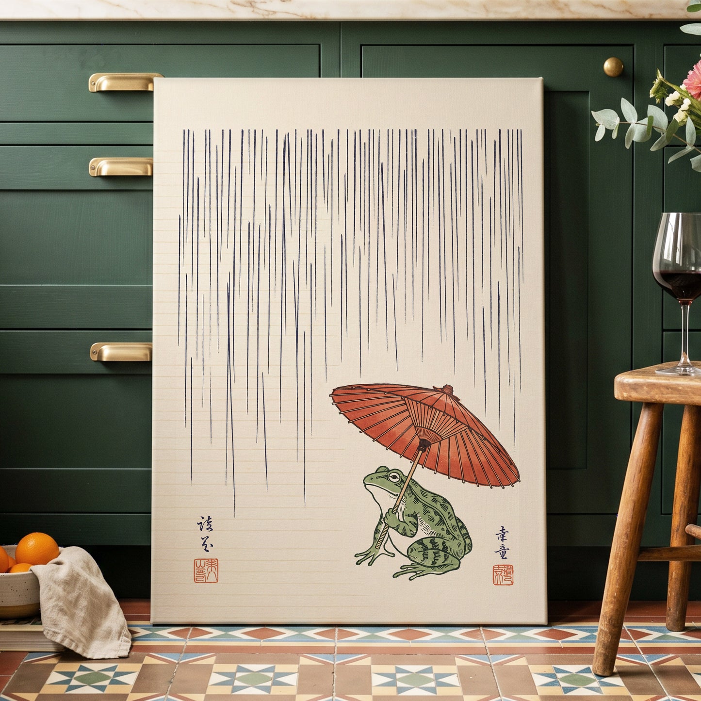 Rainkeeper Frog, beige, blue, green nature wall art displayed in a styled interior, gallery view 7