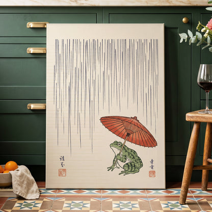 Rainkeeper Frog, beige, blue, green nature wall art displayed in a styled interior, gallery view 7