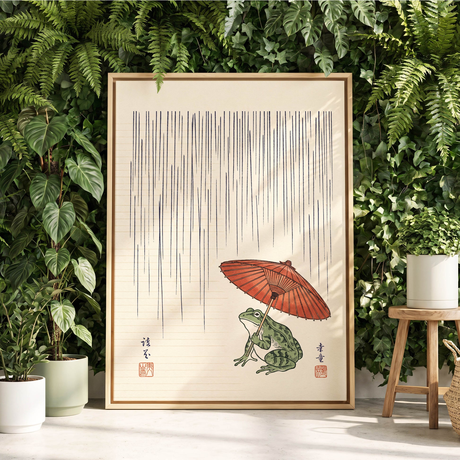 Rainkeeper Frog, beige, blue, green nature wall art displayed in a styled interior, gallery view 8