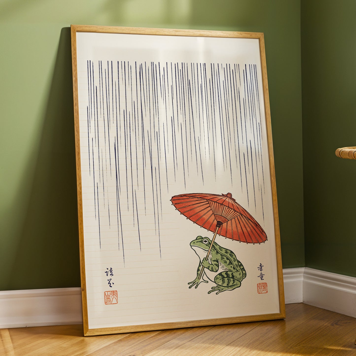 Rainkeeper Frog, beige, blue, green nature wall art displayed in a styled interior, gallery view 9