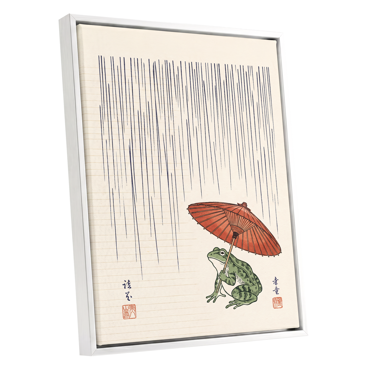 Rainkeeper Frog, beige, blue, green nature wall art shown as a white framed canvas wall art
