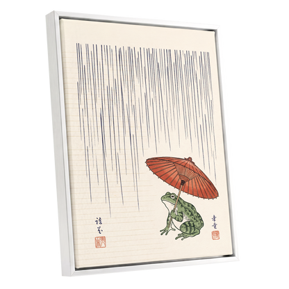 Rainkeeper Frog, beige, blue, green nature wall art shown as a white framed canvas wall art