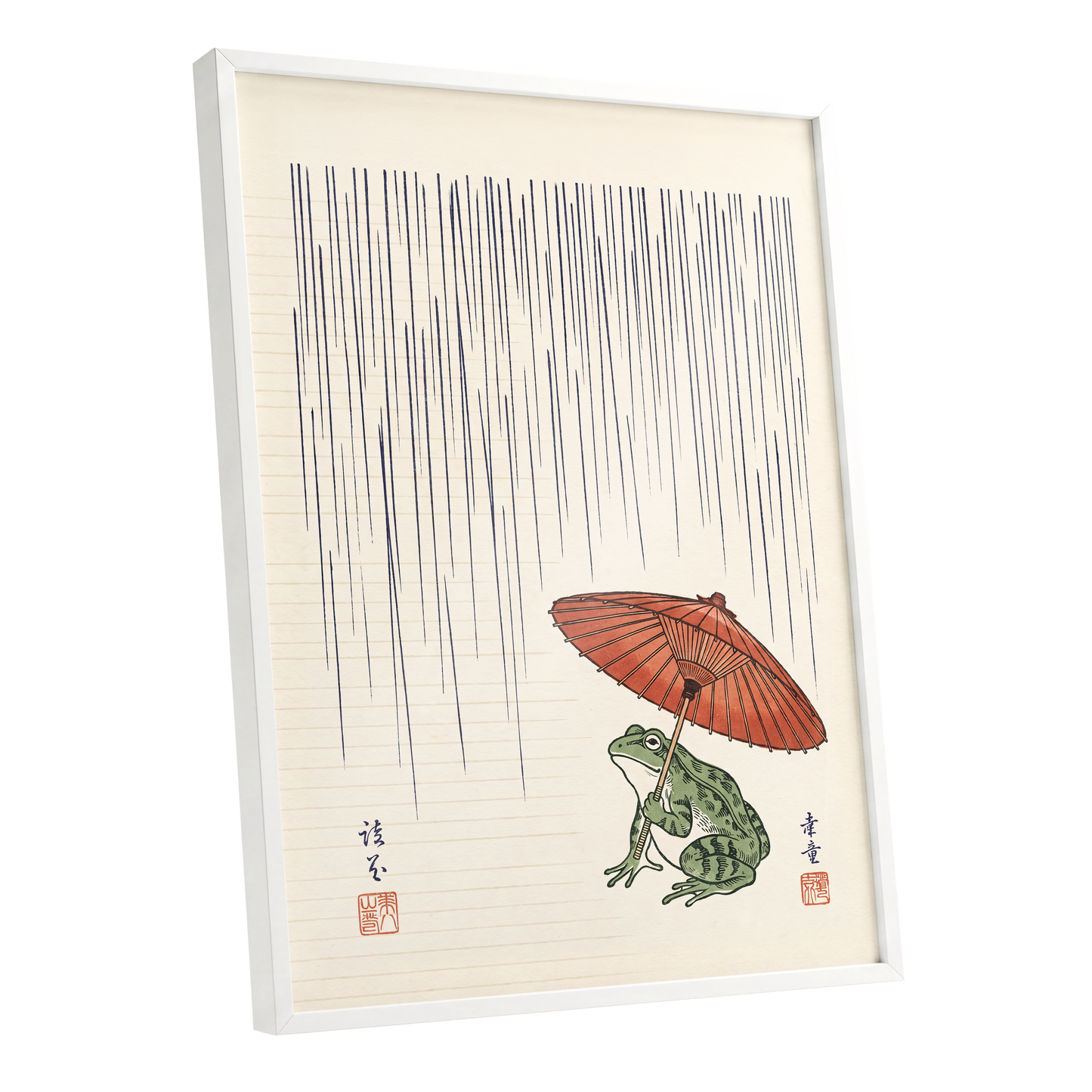 Rainkeeper Frog, beige, blue, green nature wall art shown as a white framed poster wall art print