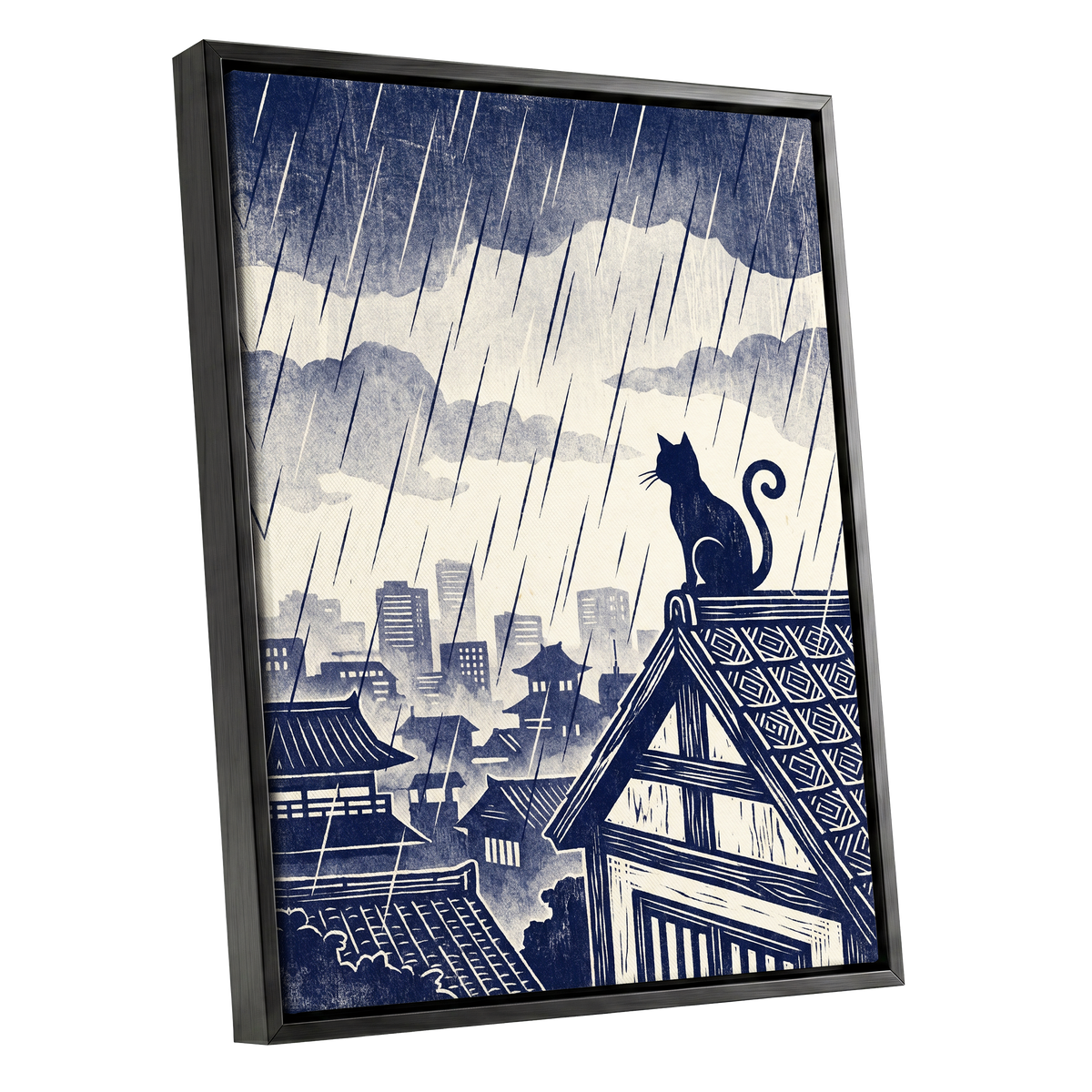 Rainwatch Rooftops, blue, beige, gray minimalist wall art shown as a black framed canvas wall art