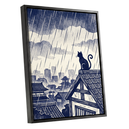 Rainwatch Rooftops, blue, beige, gray minimalist wall art shown as a black framed canvas wall art