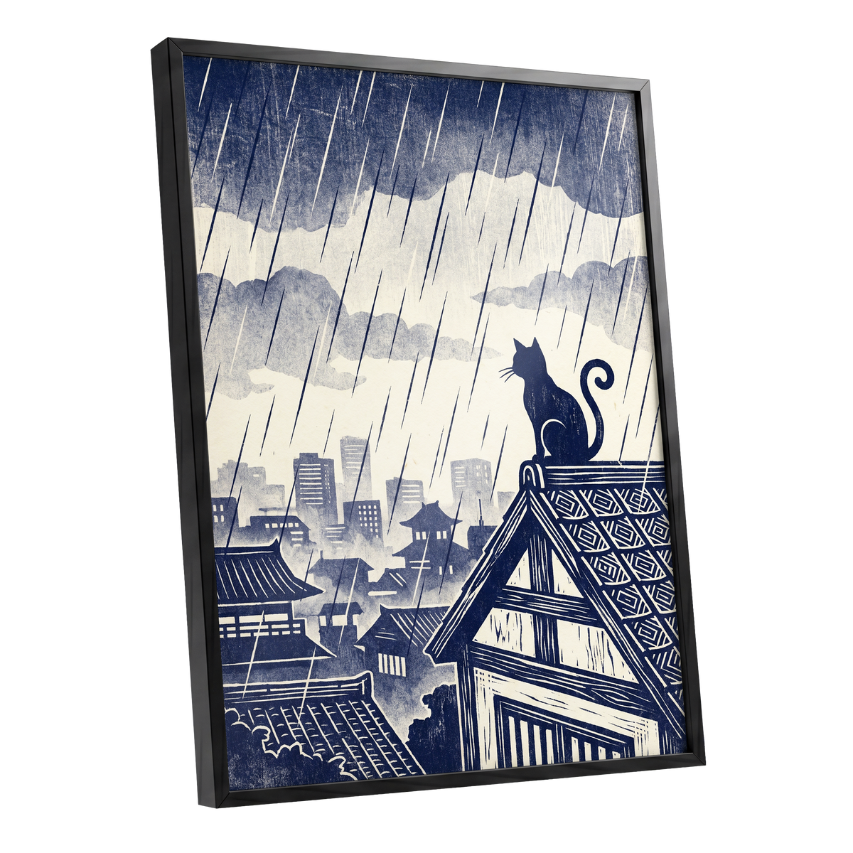 Rainwatch Rooftops, blue, beige, gray minimalist wall art shown as a black framed poster wall art print