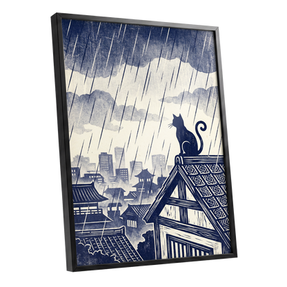 Rainwatch Rooftops, blue, beige, gray minimalist wall art shown as a black framed poster wall art print