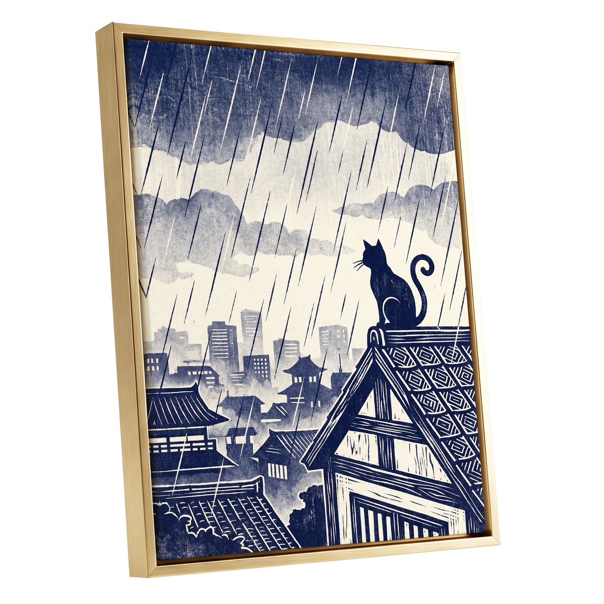 Rainwatch Rooftops, blue, beige, gray minimalist wall art shown as a gold framed canvas wall art