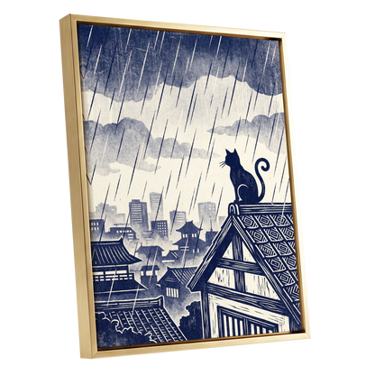 Rainwatch Rooftops, blue, beige, gray minimalist wall art shown as a gold framed canvas wall art