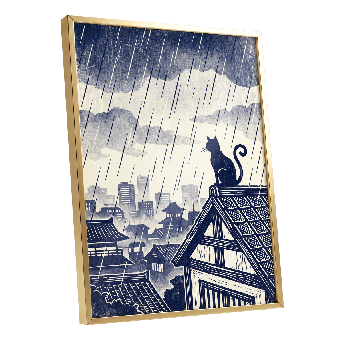 Rainwatch Rooftops, blue, beige, gray minimalist wall art shown as a gold framed poster wall art print