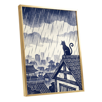 Rainwatch Rooftops, blue, beige, gray minimalist wall art shown as a gold framed poster wall art print