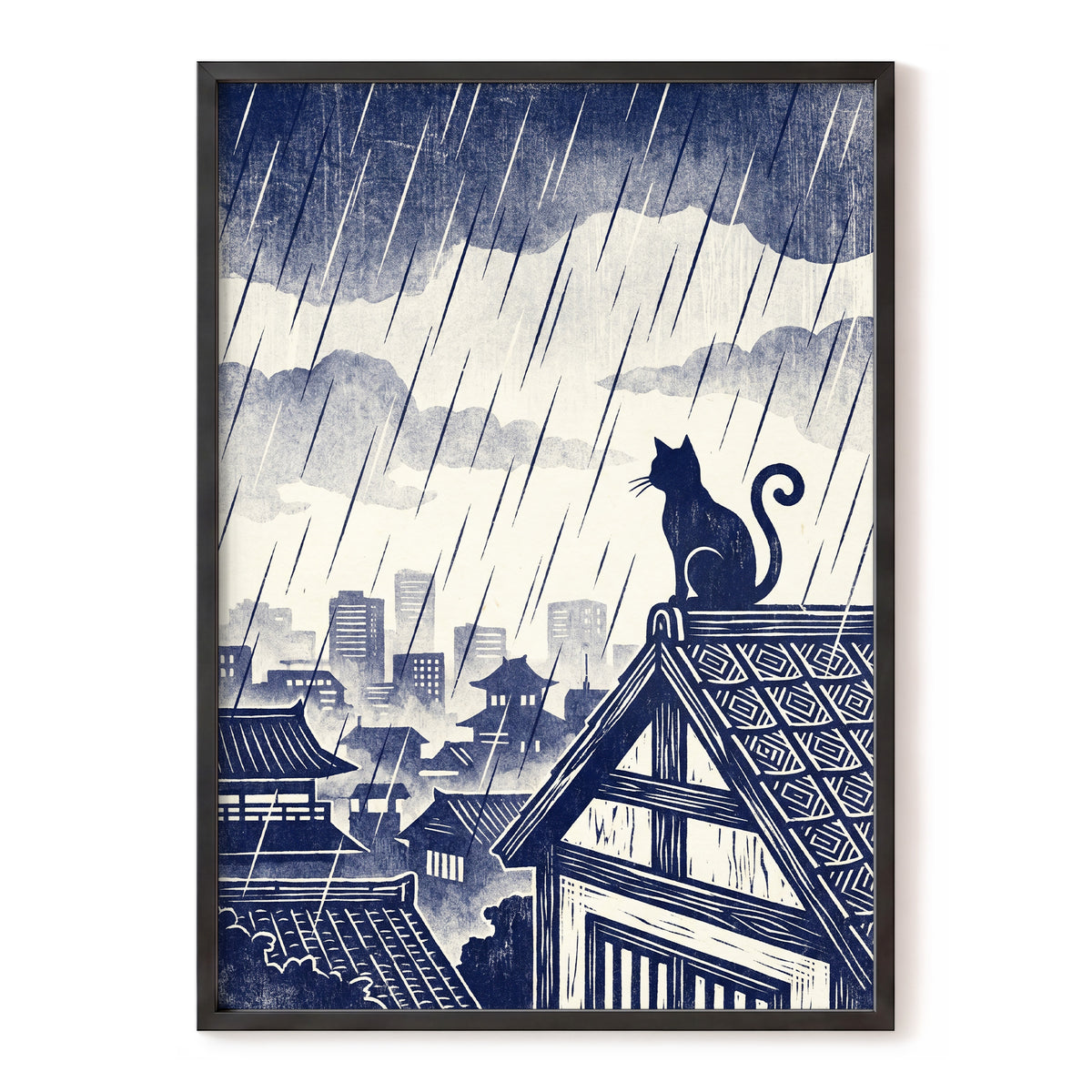 Rainwatch Rooftops, blue, beige, gray minimalist wall art, front artwork view