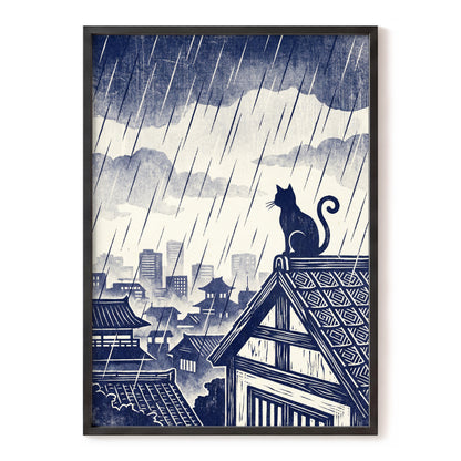 Rainwatch Rooftops, blue, beige, gray minimalist wall art, front artwork view