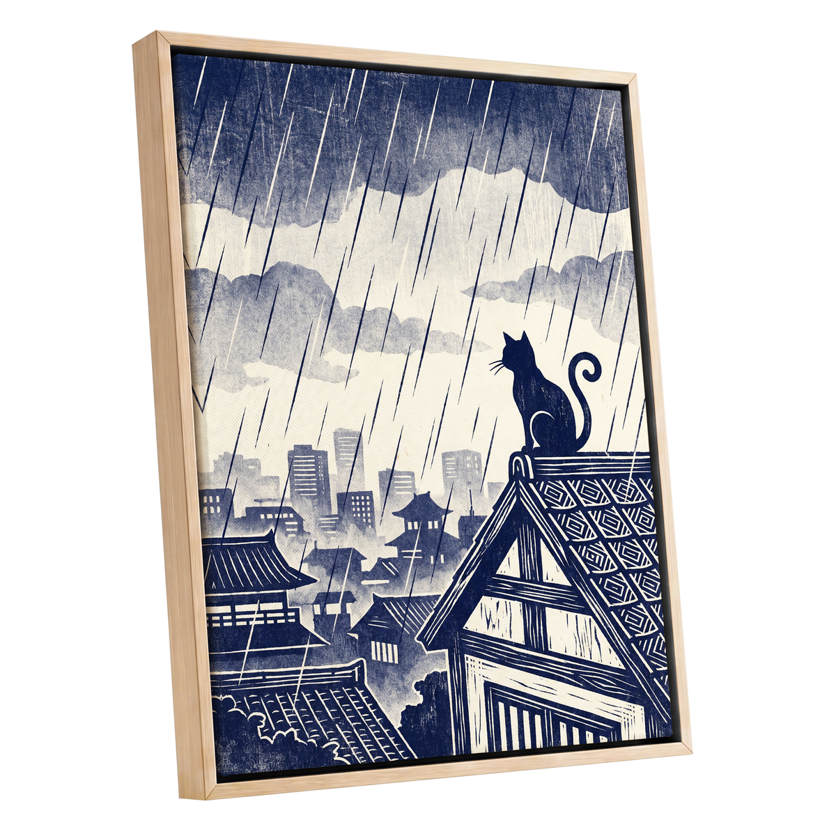 Rainwatch Rooftops, blue, beige, gray minimalist wall art shown as a oak framed canvas wall art