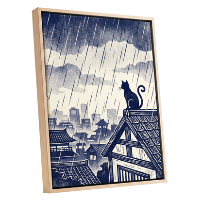 Rainwatch Rooftops, blue, beige, gray minimalist wall art shown as a oak framed canvas wall art