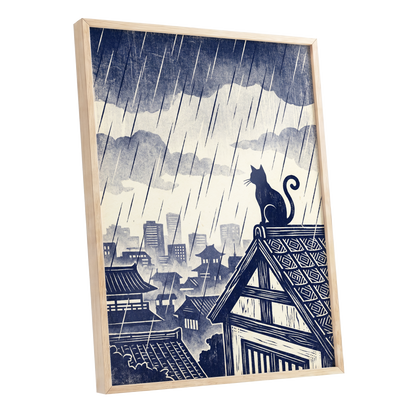 Rainwatch Rooftops, blue, beige, gray minimalist wall art shown as a oak framed poster wall art print
