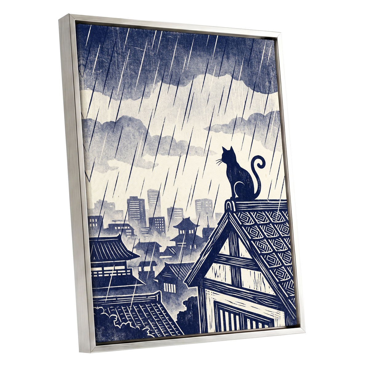 Rainwatch Rooftops, blue, beige, gray minimalist wall art shown as a silver framed canvas wall art