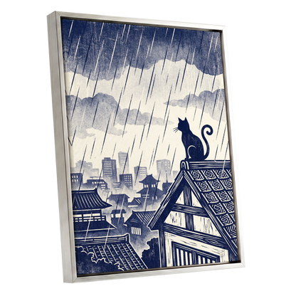 Rainwatch Rooftops, blue, beige, gray minimalist wall art shown as a silver framed canvas wall art