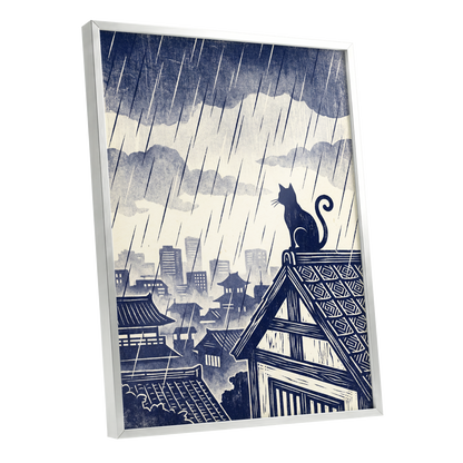 Rainwatch Rooftops, blue, beige, gray minimalist wall art shown as a silver framed poster wall art print