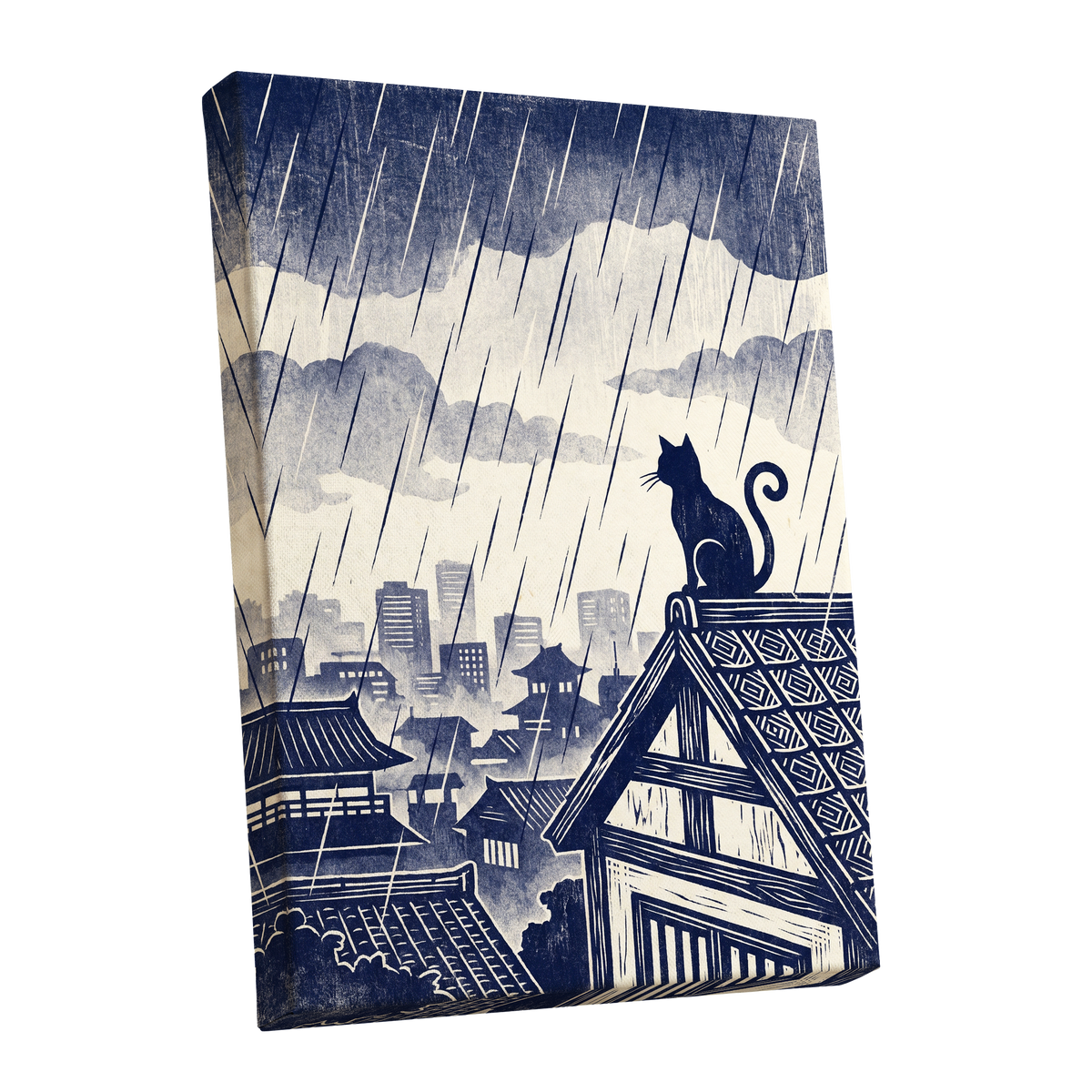 Rainwatch Rooftops, blue, beige, gray minimalist wall art shown as a stretched canvas wall art