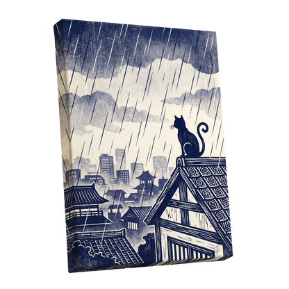 Rainwatch Rooftops, blue, beige, gray minimalist wall art shown as a stretched canvas wall art
