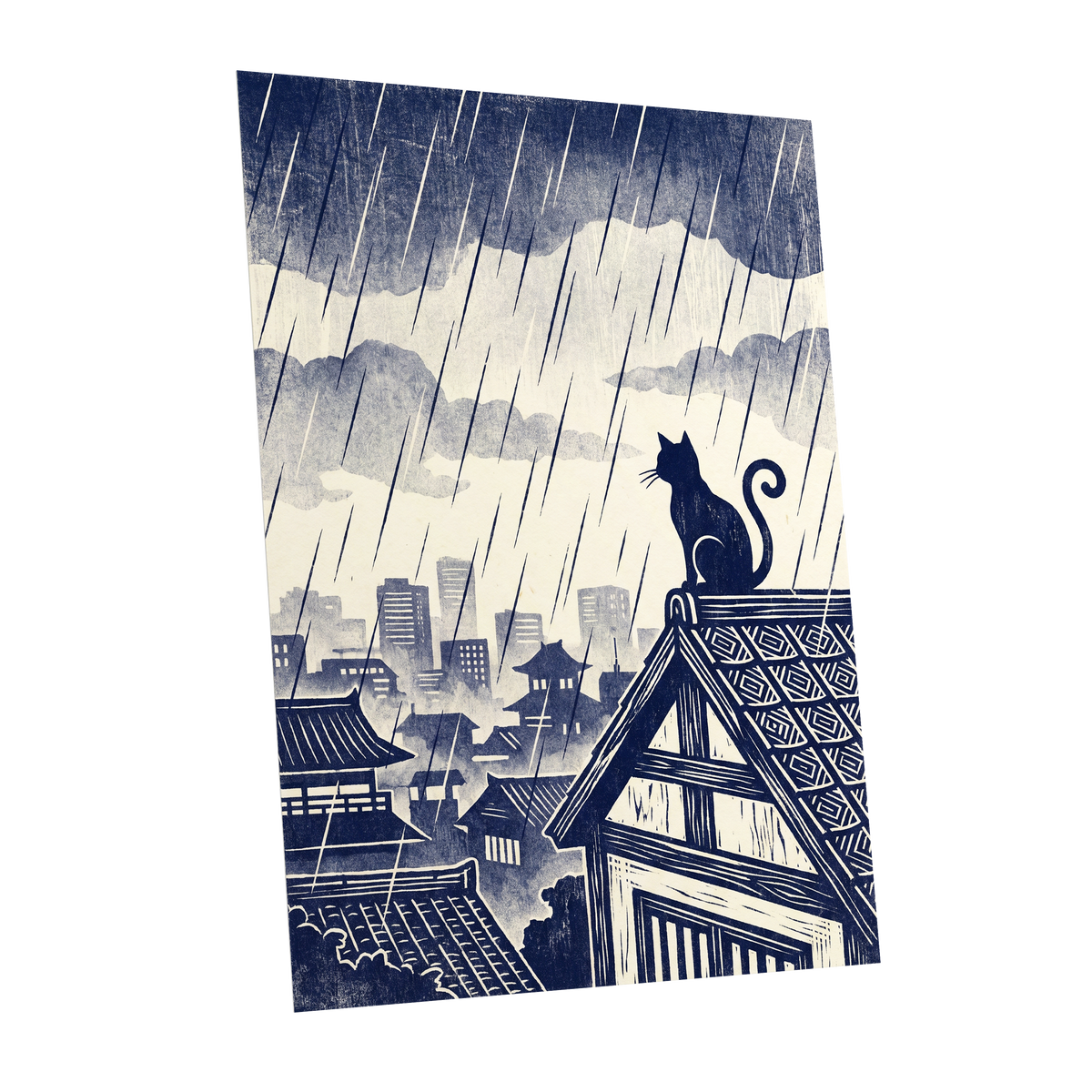 Rainwatch Rooftops, blue, beige, gray minimalist wall art shown as a unframed poster wall art print