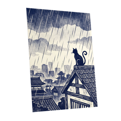 Rainwatch Rooftops, blue, beige, gray minimalist wall art shown as a unframed poster wall art print