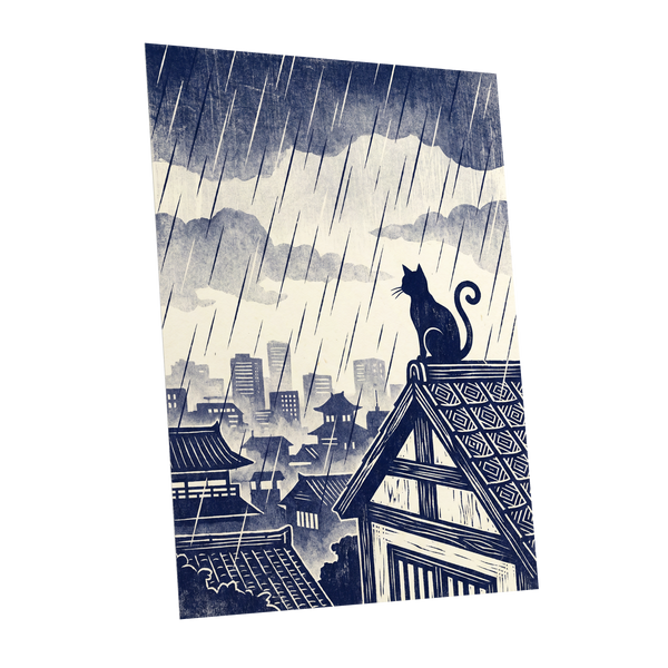Rainwatch Rooftops, blue, beige, gray minimalist wall art shown as a unframed poster wall art print